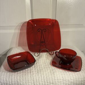Anchor Hocking 4 Piece Set Of Ruby Red Glass Dishes. Plate, Cup, Saucer, Bowl.